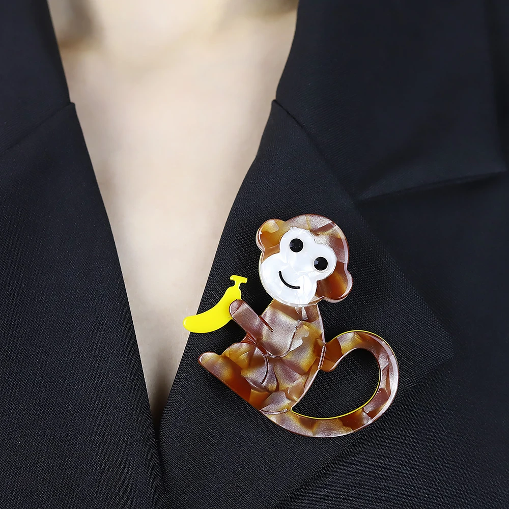 Vivid Lovely Handmade Arcylic Monkey Banana Brooches Women Unisex Long Tail Monkey Animal Party Casual Brooch Pins Gifts