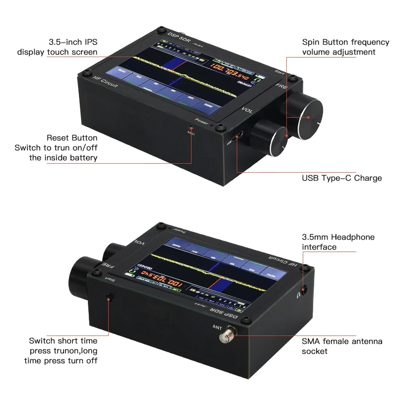 Tebal 3.5 "50K HZ-200M Hz/50KHz untuk 2 GHz Perunggu DSP SDR Receiver Malahit SDR radio Gelombang Pendek Receiver dengan Baterai Dijual