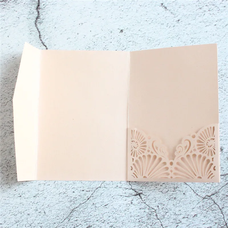 Rural soft pink invitation pocket pearl paper tri-fold laser cutting 20 pcs