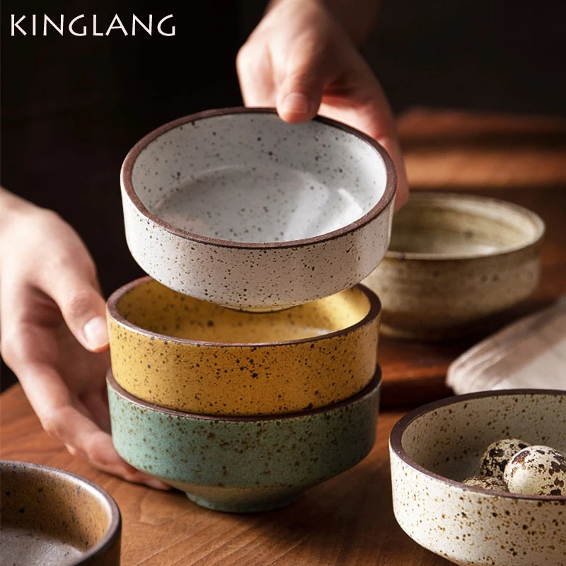 KINGLANG Retro Eating Bowl Household Coarse Pottery Japanese Style Rice Bowl Noodles Bowl Personality Creativity Single Bowl