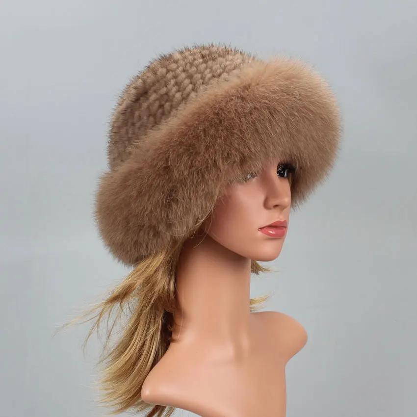 Real Fur Hat Winter for Women's Cap Natural Mink Fur with Fox fur