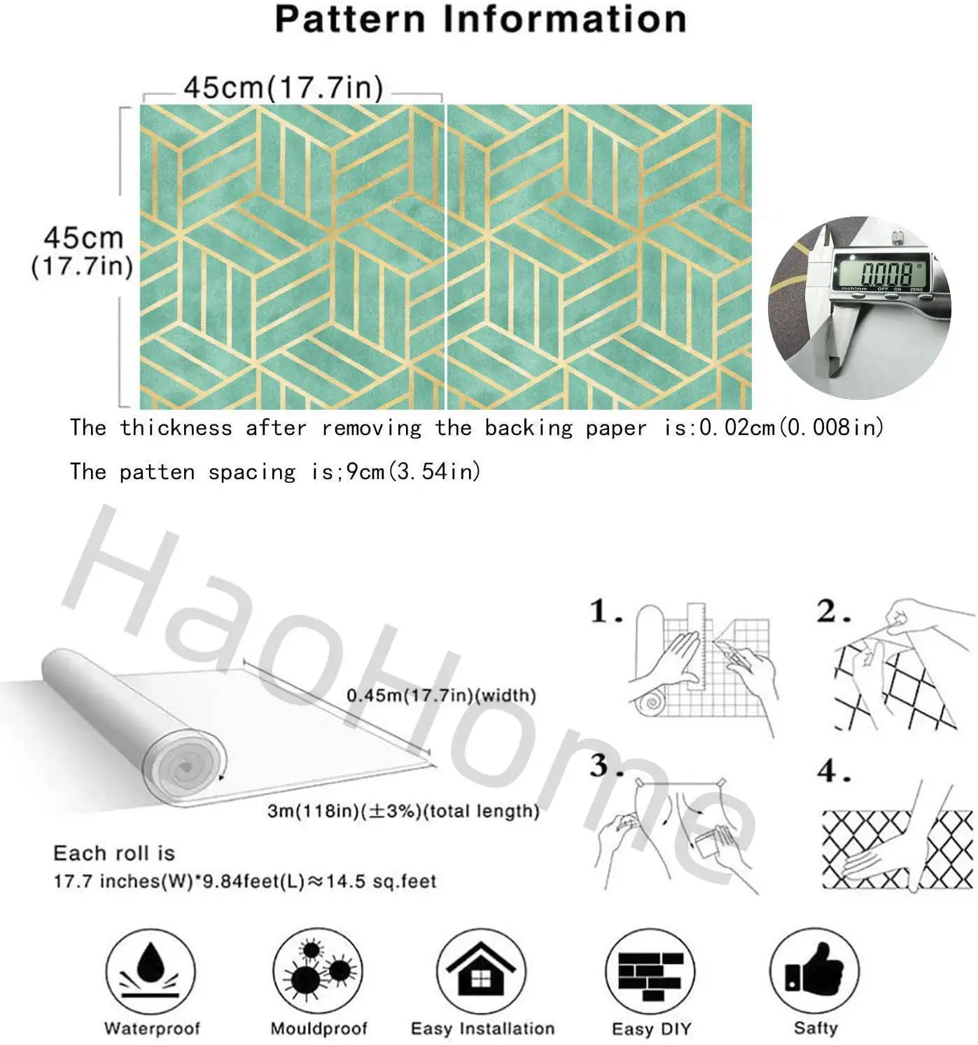 HDHome-Papier Peint Auto-Adhésif à Rayures Géométriques, Couleur Vert Clair et Or, Hexagone à Peler et Coller