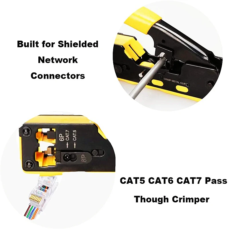 HTOC CAT7 Pass Through Crimping Tool For Cat7 Cat6 Cat5 6P/8P Ethernet RJ45 Wire Stripper Cutter Crimper All-in-one Multi-Tool