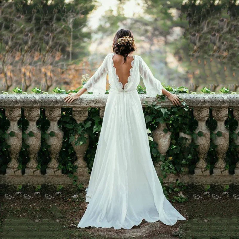 Customized White Chiffon Boho Wedding Dress Beach Three Quarter Sleeves Lace Bridal Gowns Backless V Neckline Bridal Dress 2024