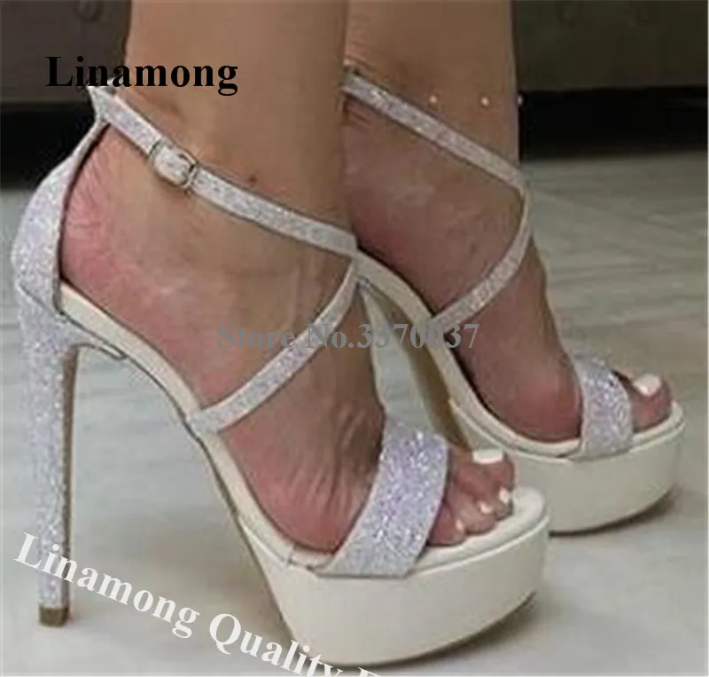 Linamong Charming Sequined High Platform Stiletto Heels Sandals Patchwork Glitters Ankle Straos Cross High Heel Sandals