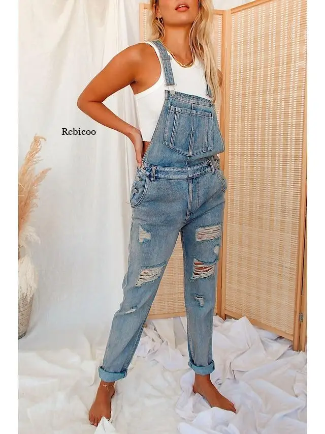 Overall Wanita Denim Skinny Washed Jumpsuit Slim Fit Panjang Warna Solid Pocket Ripped Jeans Fashion Wanita Romper Overal