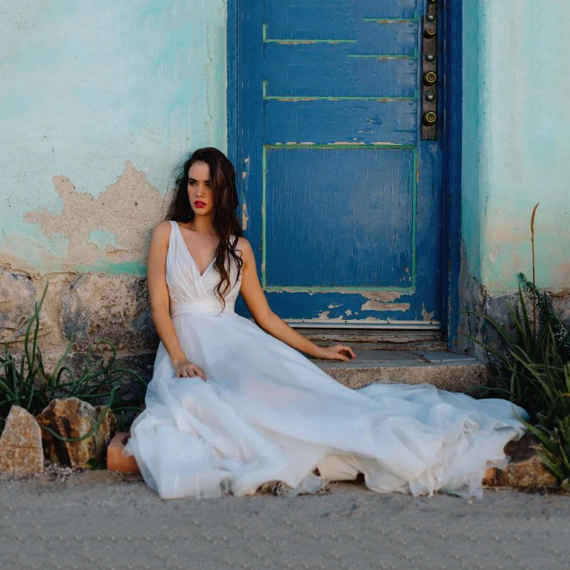 Vestido de novia blanco con escote en V, traje de novia de tul con corte lateral, Espalda descubierta, talla grande, 2021