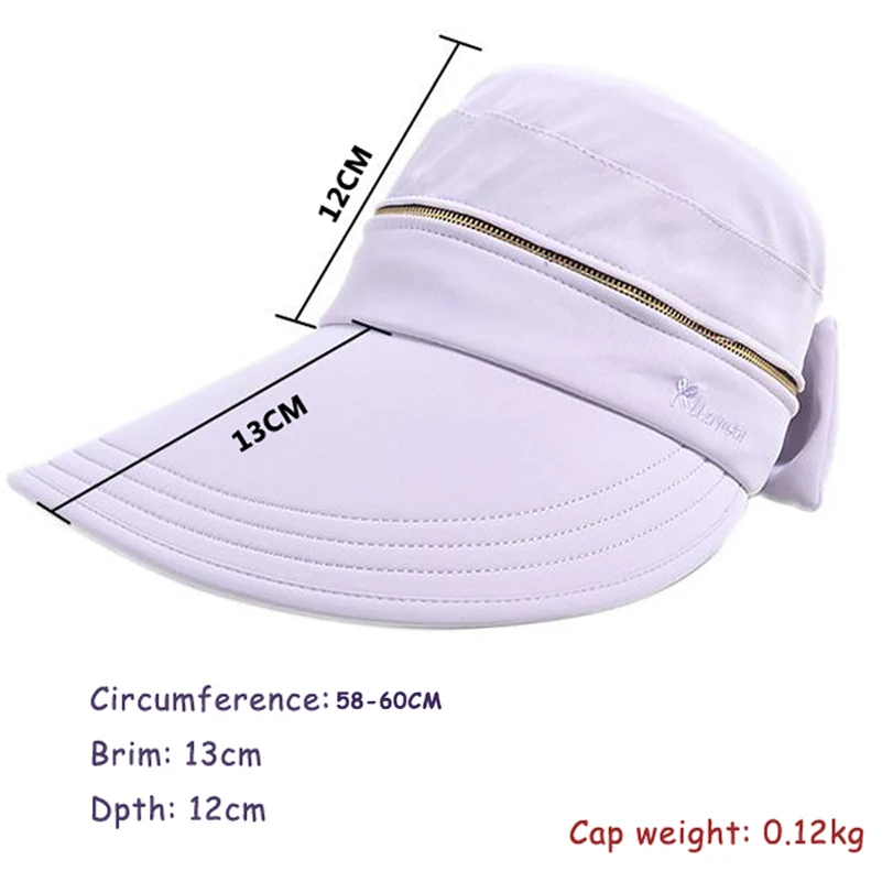 Summer Women Ponytail Empty Top Cap Wide Brim Anti-UV Bowknot Beach Hat Ladies Foldable Zipper Decoration Travel Sunscreen Caps