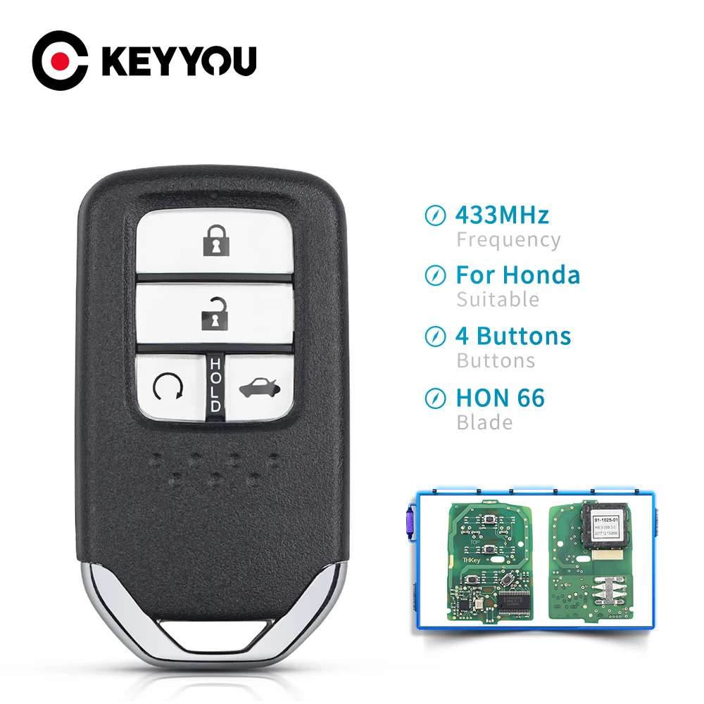 

KEYYOU For Honda Civic Accord C-RV 2014 2015 2016 2017 FCC ID KR5V2X 4 Buttons Smart Remote Car Key Fob 433Mhz ID47 Chip ASK