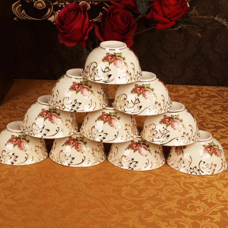 European ceramic tableware parts household bowls, plates, spoons embossed hand painted gold Korean queen rose rice bowl