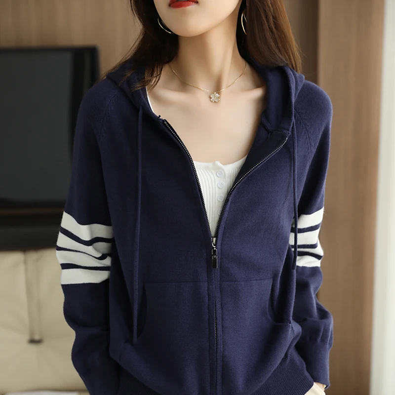 Women Cashmere Sweater Autumn / Winter  Loose TB  Design Hooded Zipper Cashmere Knit Cardigan