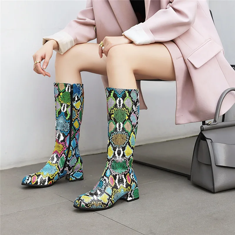 

YMECHIC 2022 Spring Winter Chunky Heels Knee Boots Women Colorful Snake Print Long Knight Riding Knee High Boots Female Shoes 43