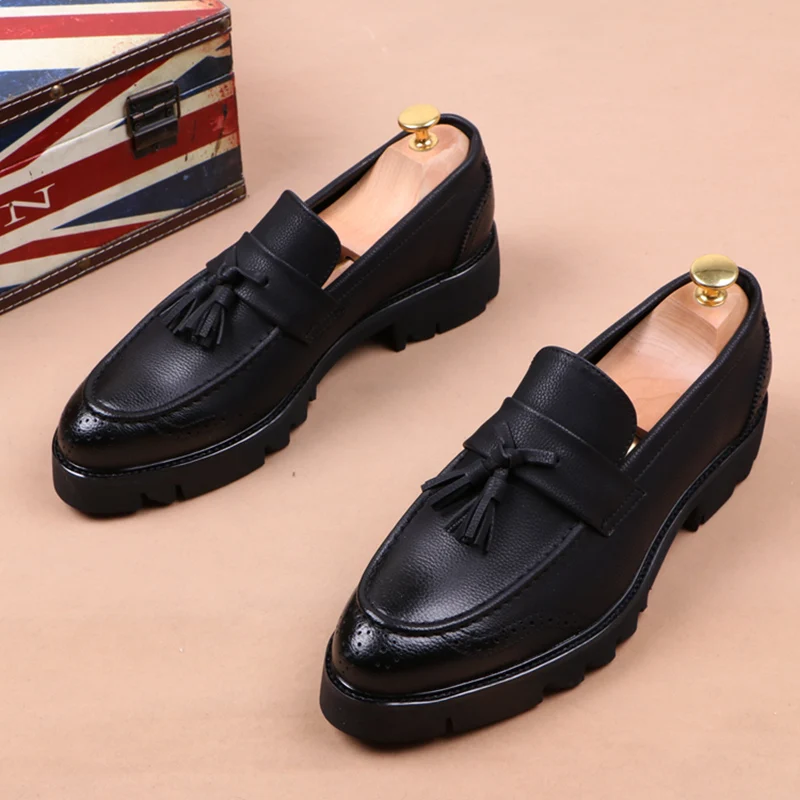 italian designer men casual wedding party formal dress cow leather shoes slip-on tassels shoe breathable platform loafers sapato