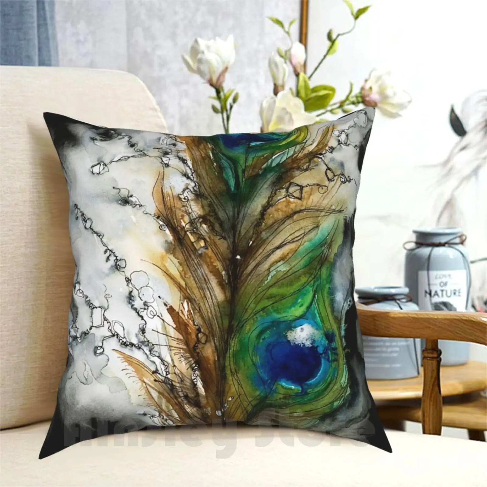 Abstract Watercolor Peacock Feather Pillow Case Printed Home Soft DIY Pillow cover Abstract Animal Medium Attach Beautiful