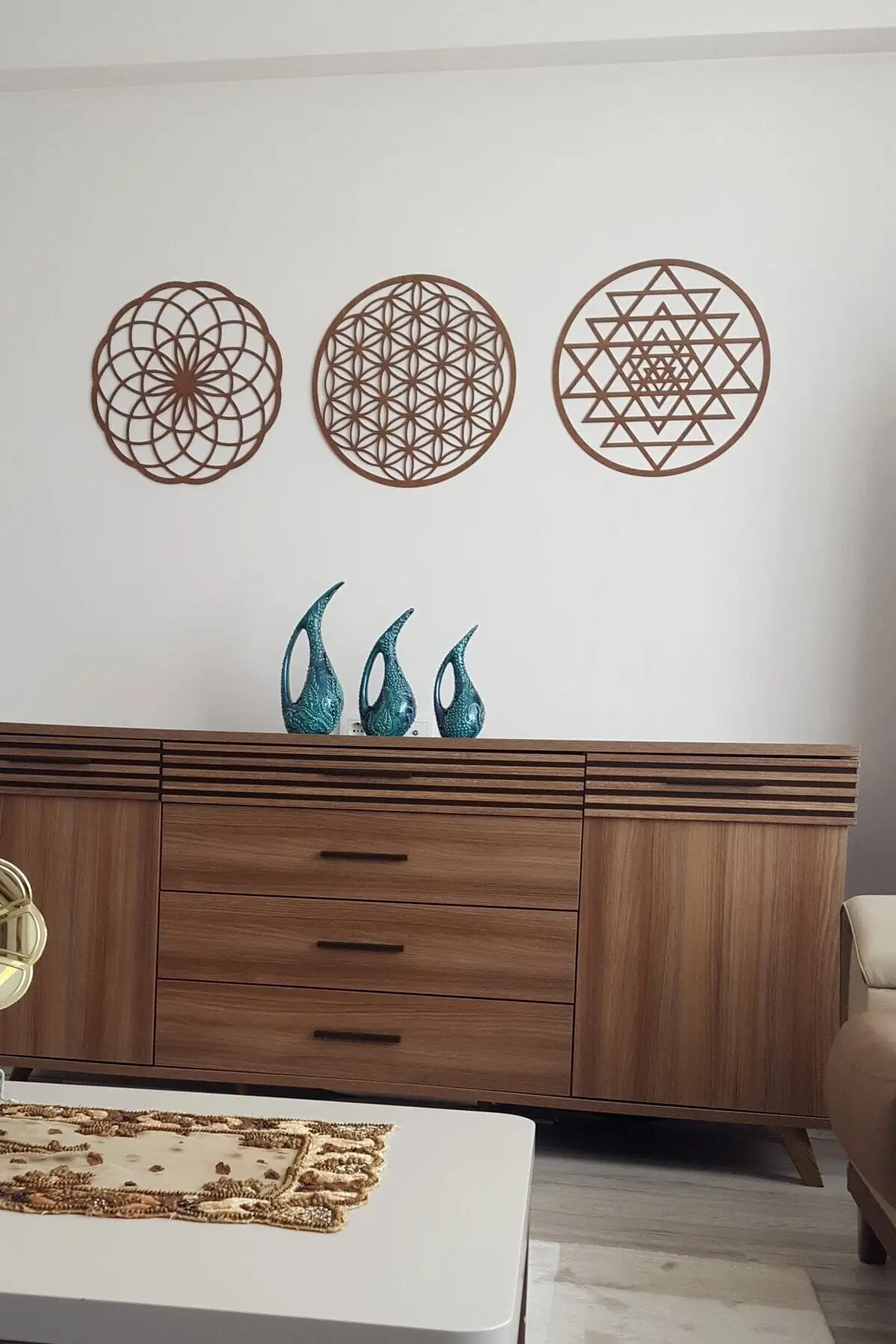 Home Decoration Flower of Life Sri Yantra And Torus 3 Piece Set Brown Wall Table MDF Double Sided Banded