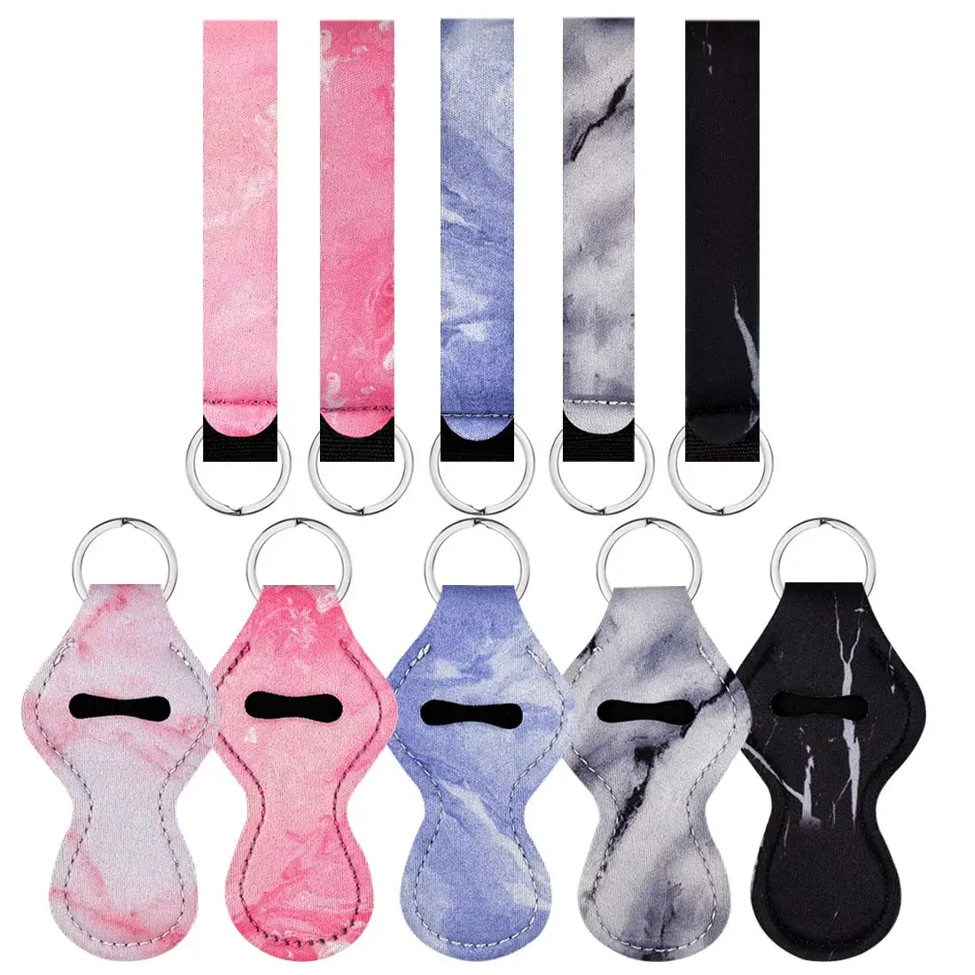 5 Pairs Marble Style Chapstick Holder Keychains Neoprene Lipstick Holder Keychain Protective Cases with Wristlet Lanyard