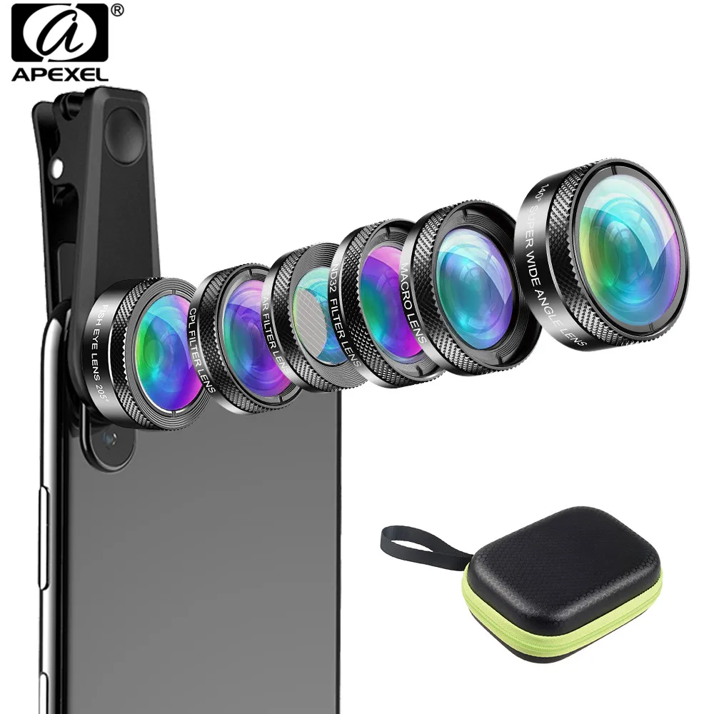 

APEXEL New Phone Camera Lens Kit 6 in 1 Fish Eye Lens 205 Degree Wide Angle 25X Macro Lens CPL/Star ND32 Filter for Smartphones
