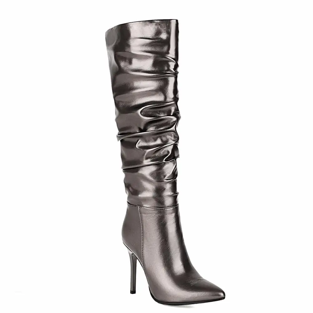 Metallic Bright Leather Color Ultra-High Stiletto Heel-Toe Knee-Length Boots Gun Color Short Plush Women's Boots Golden Pleated