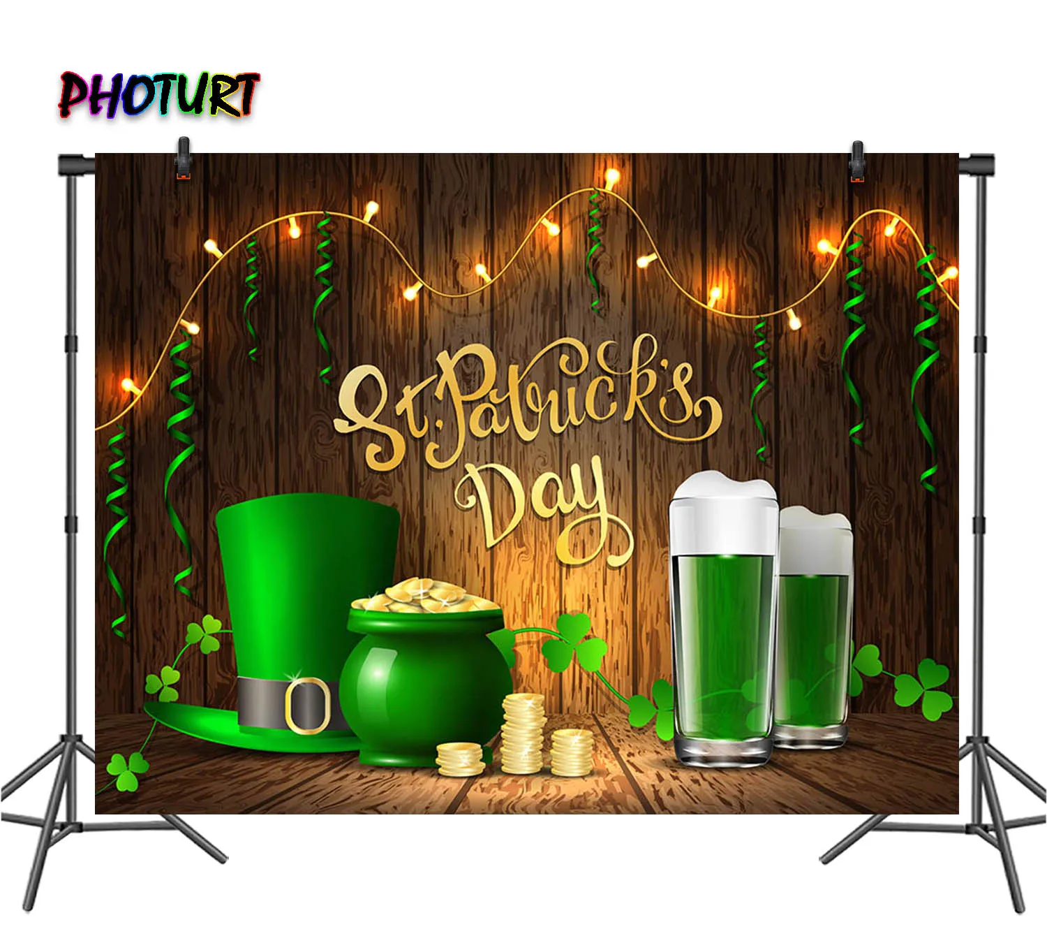 

PHOTURT St. Patrick's Day Backdrop Festival Decorate Background Green Hat Beer Banner Photography Celebration Props