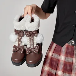YQBTDL Rosette Bow Hairball Fur Shorty Lolita Shoes for Women Ankle Boots Cosplay Kawaii Princess Girl Party Botas Drop Shipping