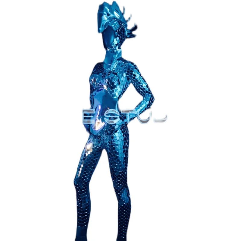 

Silver Mirror jumpsuit flash glass headgear women gogo dance headdress Nightclub singer dancer performance Role costume