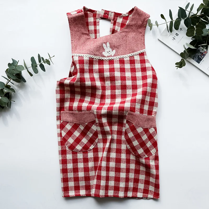 Japanese Plaid Apron Loose Cotton Linen with Pockets Home Daily Kitchen Restaurant Waiter Overalls