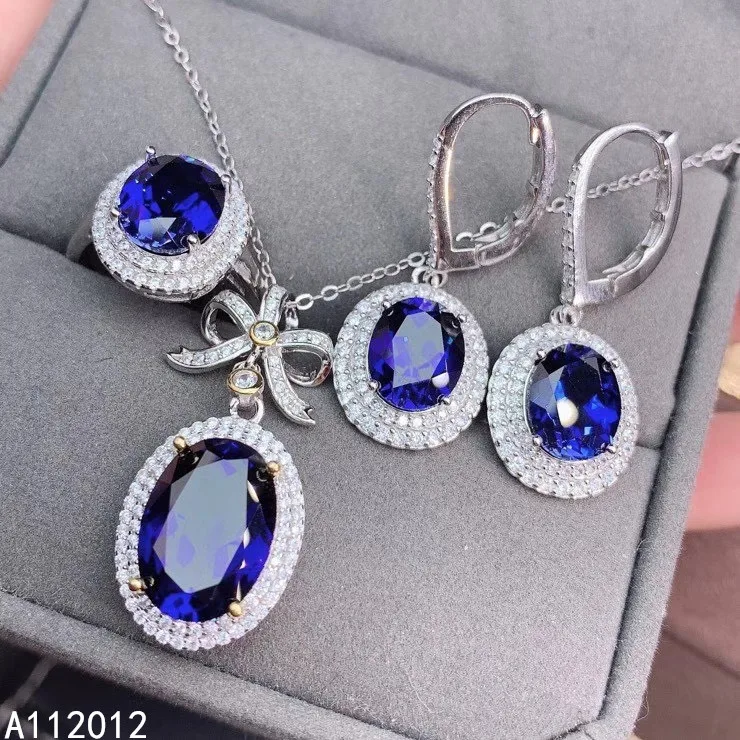 

KJJEAXCMY fine jewelry natural sapphire 925 sterling silver trendy girl new gemstone pendant ring earrings set support test