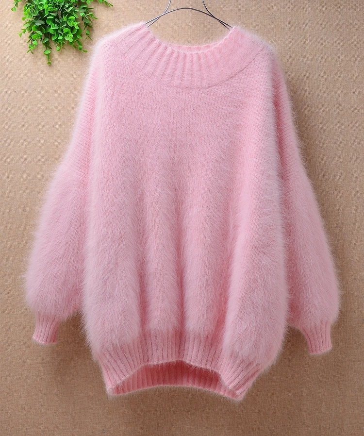 Female winter thick warm sweet lazy oaf plush mink cashmere long lantern sleeves angora fur loose pullover sweater coat jacket