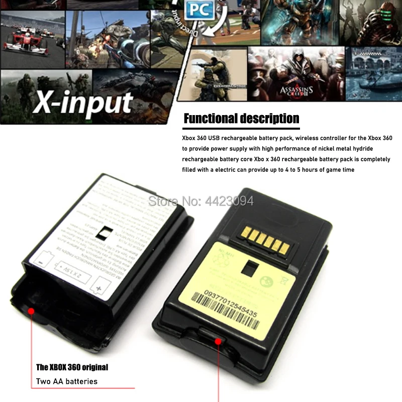 بطارية 4800 مللي أمبير وكابل شحن USB ، لجهاز Xbox 360 ، وحدة تحكم لاسلكية/سلكية ، حزمة بطارية قابلة لإعادة الشحن