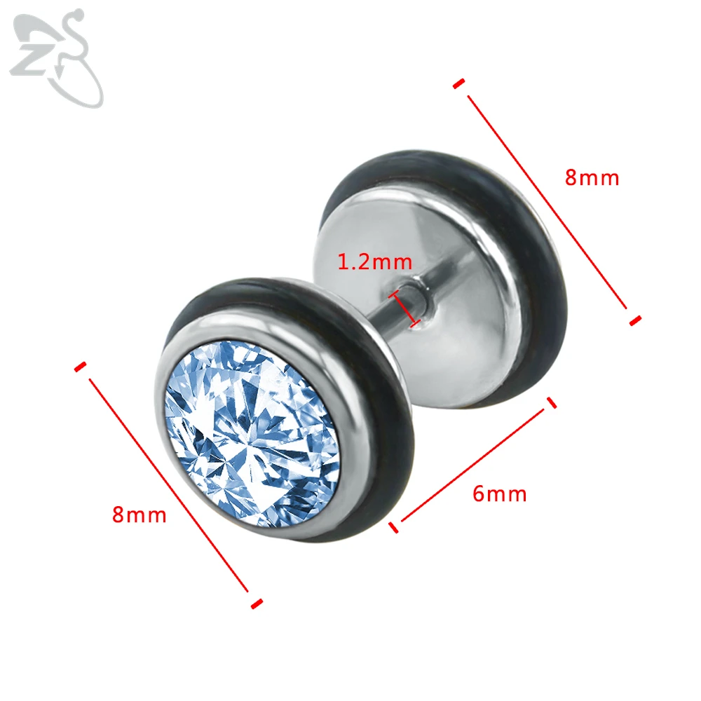 ZS Mix Color Crystal Stud Earrings For Women Black Steel Fake Ear Plug Tunnel Earring 16 Gauge Stainless Steel Ear Piercings