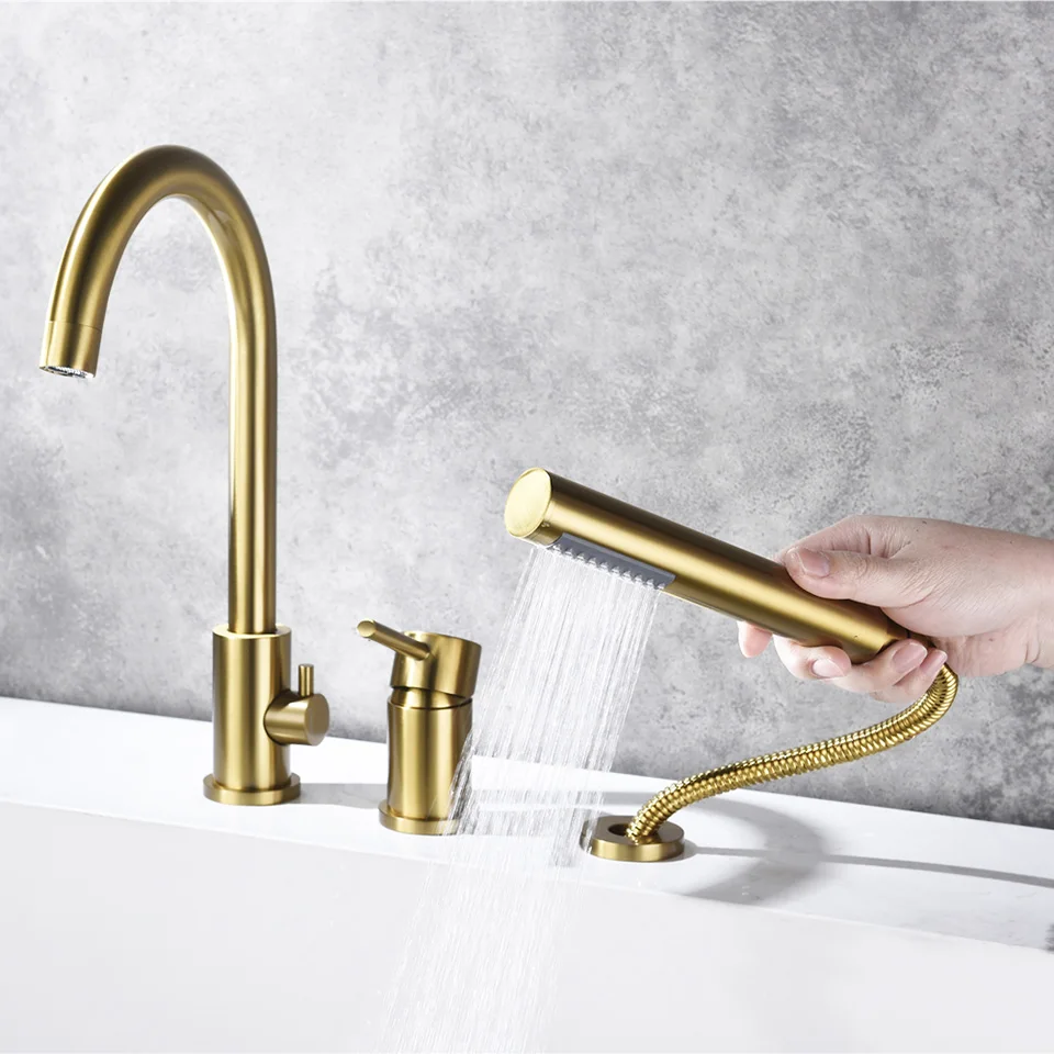 3 Holes Deck Mount Bathtub Faucet 100% Brass Pull Out Shower Faucet Bath Tub Hot & Cold Mixer Water Tap