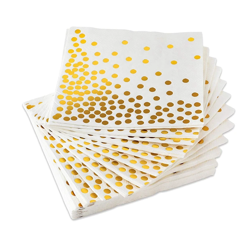 Gold Dot Cocktail Napkins (50 Pack)3-Ply Paper Napkins with Gold Foil Polka Dots Perfect for Birthday Party, Baby Shower, Bridal