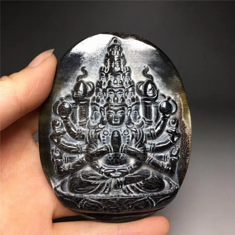 China Antique Ox Horn Hand Carved Buddha Thousand-Hand Guanyin Maitreya Amulet Feng Shui Statue Decoration Ornamental Pendant