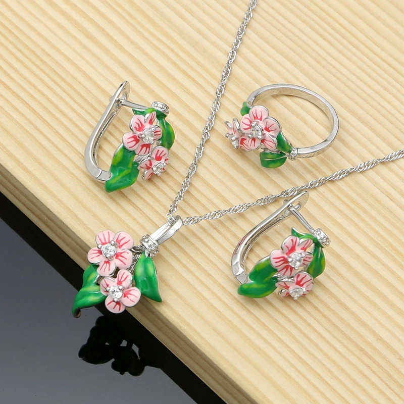 

Leaf Flower Decoration Jewelry Sets 925 Sterling Silver Pink Enamel Delicate Orchid Delicate Orchid Flower Fine Jewelry Handmade