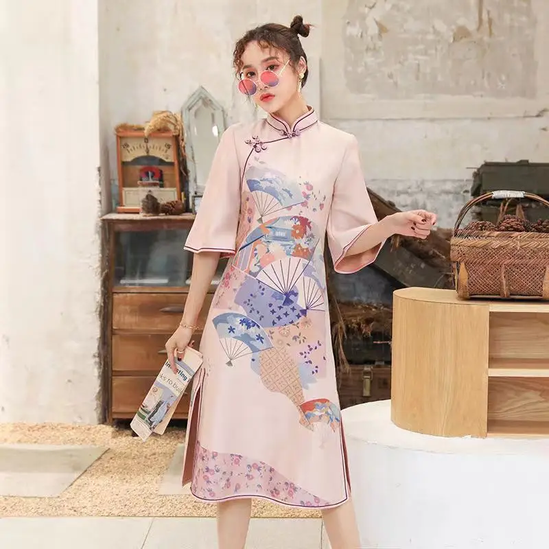 New Fashion Women Vintage Chinese Style Improved Cheongsam Female Elegant Dress Sweet Girl Midi Vestidos Sexy Split Dresses