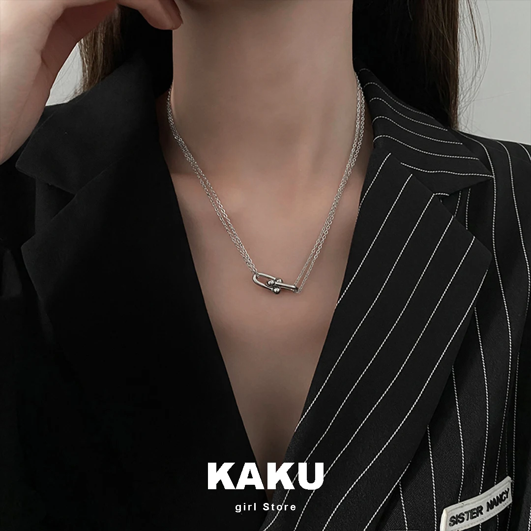 KAKU Cyberpunk Horseshoe Shape Pendant Women Silver Color Double Necklace For Students Hip-hop Style U Shape Accessory Beautifu