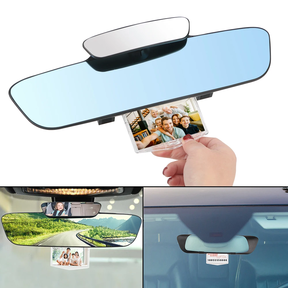 Car Rear Rearview Mirror Rear View Stop Sign Photo Frame Multifunctional Blue Mirror Double Lens Anti Dazzle Auxiliary