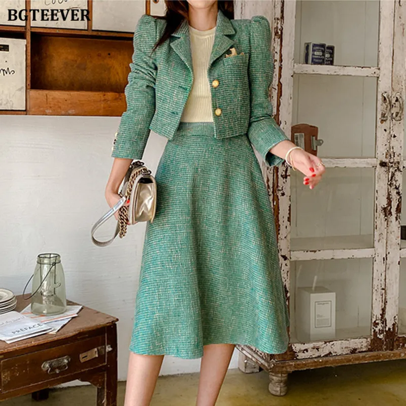 BGTEEVER Vintage Ladies 2 Pieces Skirt Suits Short Jackets & High Waist A-line Midi Skirts 2021 Autumn Elegant Women Suits