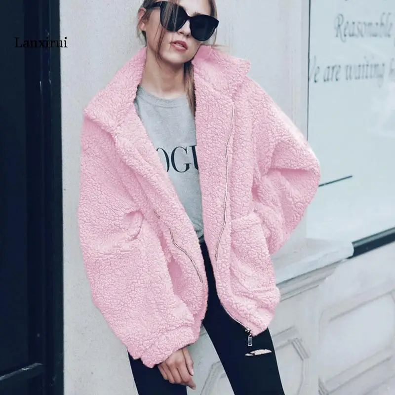 Autumn Winter Faux Fur Coat Women 2021 Casual Warm Soft Zipper Fur Jacket Plush Overcoat Pocket  Teddy Coat Female XXXL