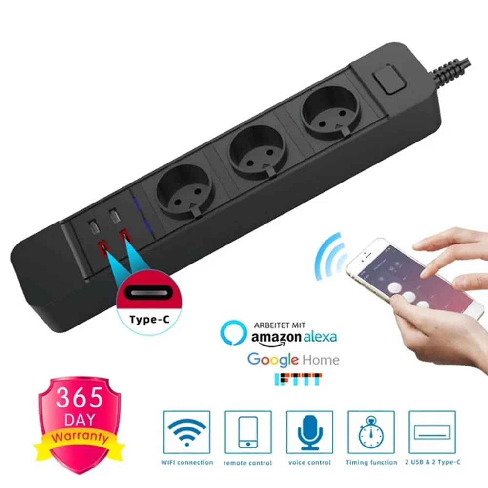 Wifi 3 EU Smart Power Strip 3 Outlets Socket 2 USB 2 Type-c 3.0A Quick Charge Voice Control for Alexa Google Assistant