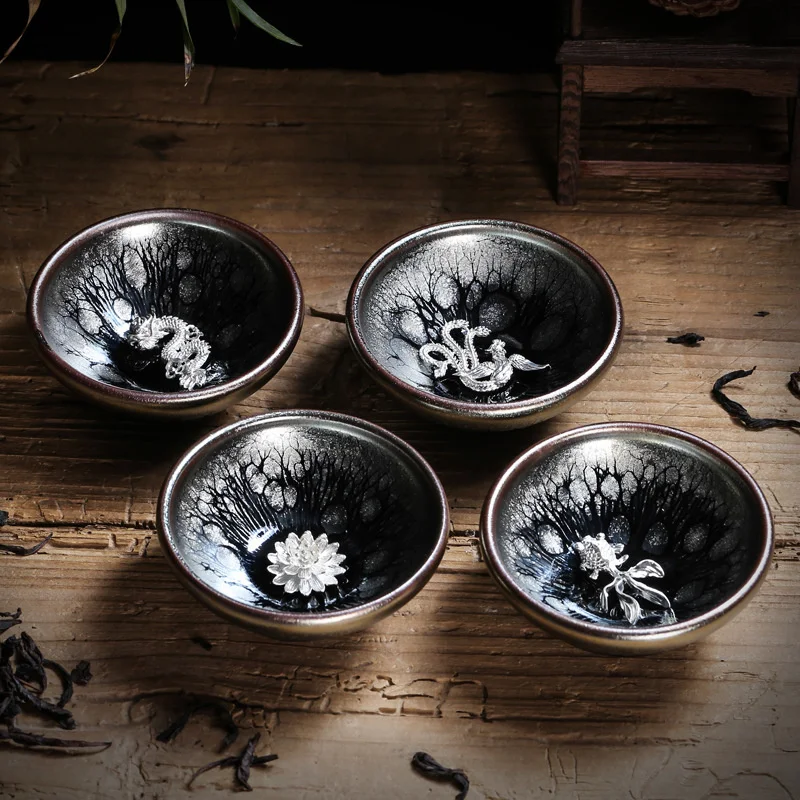 Small Capacity Jianzhan Teacup Glaze Inlaid With Silver Oil Dripping Tea Bowl Kungfu Product Ming Cup Kiln Ceramic Tea Cup