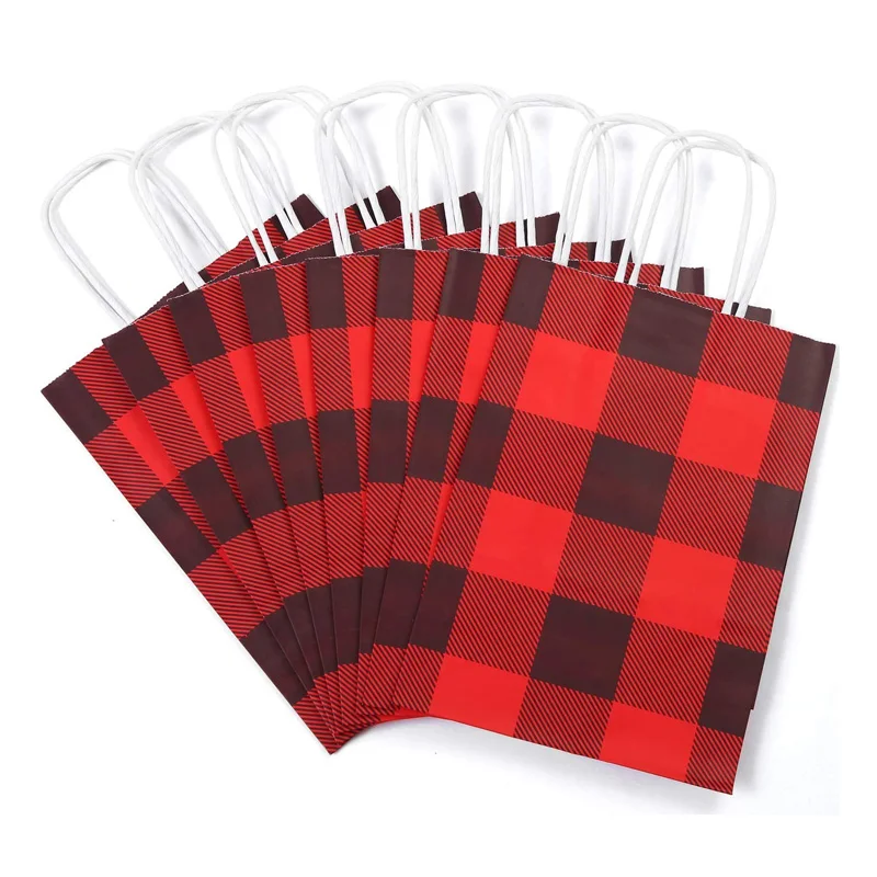 100Pcs/Lot Red and Black Plaid Christmas Paper Party Bags Kraft Gift Bag with Handle for Christmas Celebrations