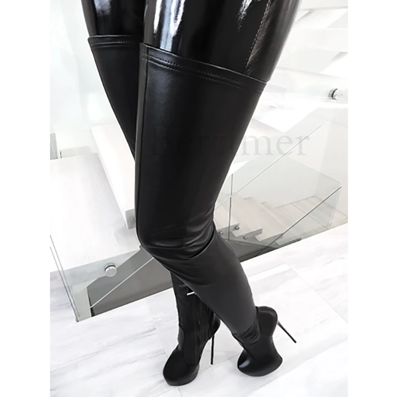 BERZIMER Super Sexy Women Thigh High Platform Boots Men Unisex High Heels Faux Leather Casual Zapatos De Mujer Shoes Woman Large