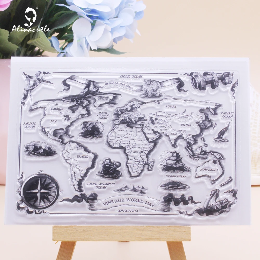 Alinacutle Clear Stamp Vintage World Map Scrapbooking Handmade Card Album Paper Craft Rubber Transparent Silicon Stamp