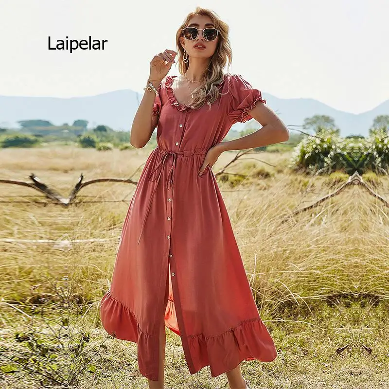 Spring Puff Sleeve Long Women Solid Color Ruffles Button High Waist o Neck Elegant Dress for Women 2021 New Casual