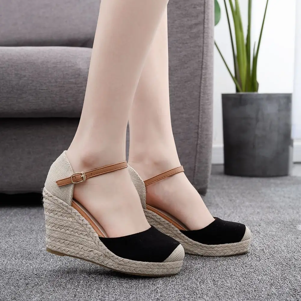 Fashion buckle color block sandals Shoes Suede Wedges High Ankle Sandals Round Toe Casual Shoes High Slope Round Head Sandals