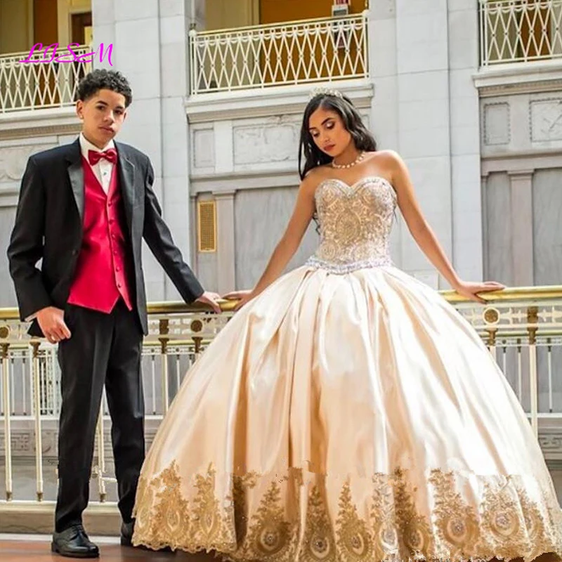 Luxury Gold Lace Sweet 16 Quinceanera Dresses 2022 Ball Gown Crystals Plus Size Satin Masquerade Vestidos 15 Anos Prom Dress