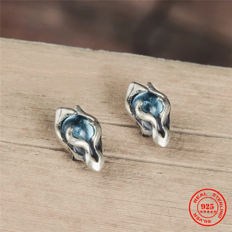 MKENDN 100% 925 Sterling Silver Earrings Men Women Vintage Dragon Soul Stud Earrings With Light Blue Stone Personality Jewelry