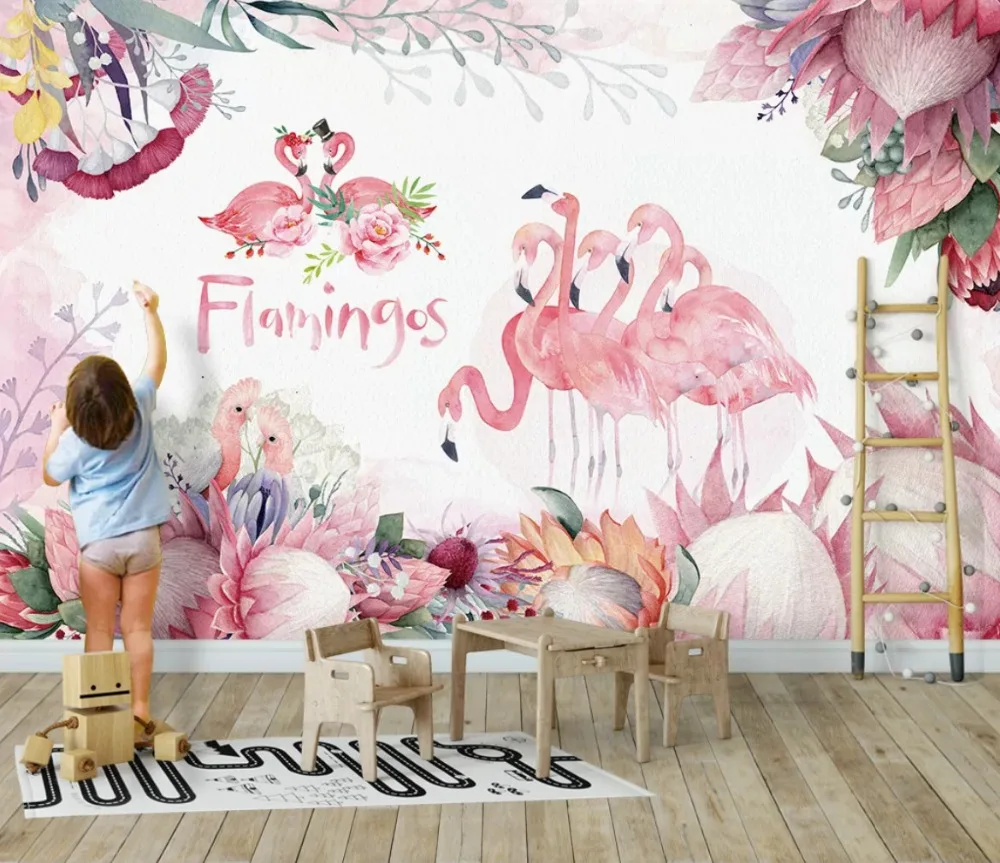 

Bacal Custom 3D Mural Wallpaper Tropical Plant Flamingo pink Photo Wall Paper For Kids Girls Room Bedroom Decor Wall Painting