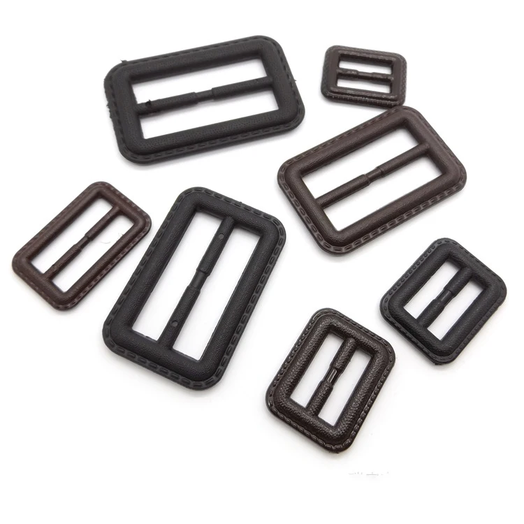 Coffee Buttons Slider Black Imitation Leather Buckle, Adjustment, Three Gear Belt, Skirt Buckle, DIY Sewing Accessories, 2Pcs